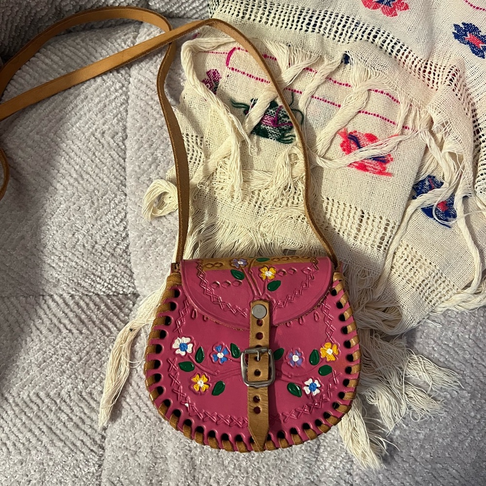 Kids Handcrafted Floral Leather Tooled Purse